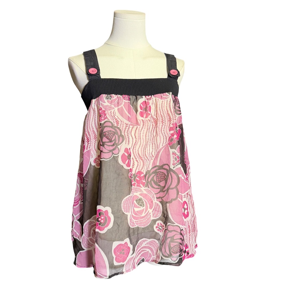 Red Rover Babydoll Tank Top Womens Medium Pink Floral Sheer Y2K Good Condition